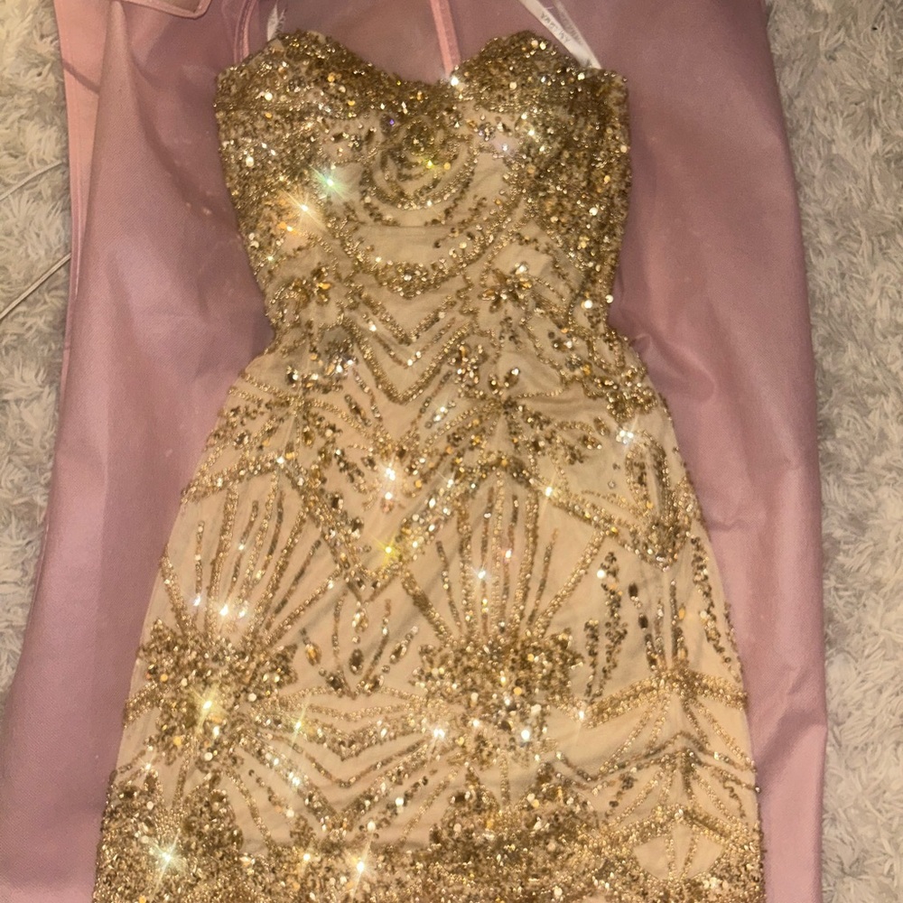 Amarra Gold Strapless Mini Dress